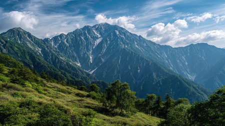A photograph of Japan with mountain horizon, view of alpine vegetation, japanese spring, ultra...