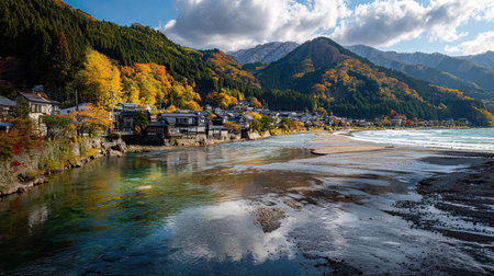 A photograph of a Japanese mountain village with sea water, japanese autumn, ultra realistic...