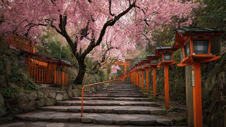 A photograph of Japan 36 with fushimi inari shrine hillside, cherry blossom trees, japanese spring,...