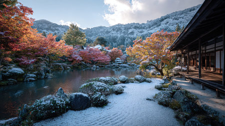 A photograph of Japan 58 with kyoto temple garden hills, snow covered ground, japanese autumn, ultra...