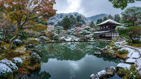 A photograph of Japan with kyoto temple garden hills, snow covered ground, japanese autumn, ultra...