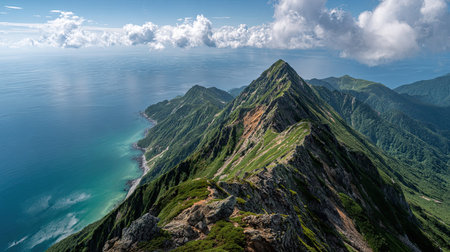 A photograph of Japan 44 with alpine ridge japan, tidal sea water, japanese summer, ultra realistic...