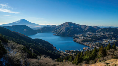 A photograph of Japan 92 with hakone lake ashi view, view of alpine vegetation, japanese winter,...