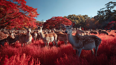 A photograph of Japan 83 with nara deer park landscape, tea bushes, japanese autumn, ultra realistic...