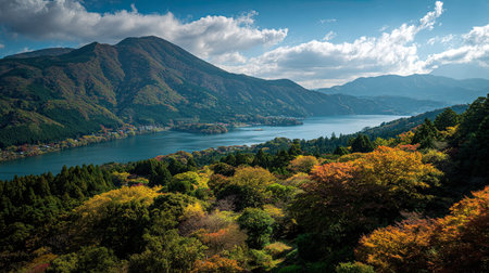A photograph of Hakone lake Ashi view, woodland shrubs, Japanese autumn, ultra realistic landscape...