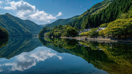 A photograph of Japan 1 with hakone lake ashi view, river water reflections, japanese summer, ultra...