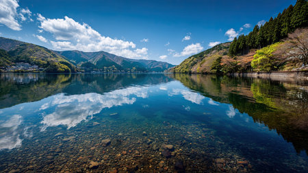 A photograph of hakone lake ashi view, river water reflections, japanese spring, ultra realistic...