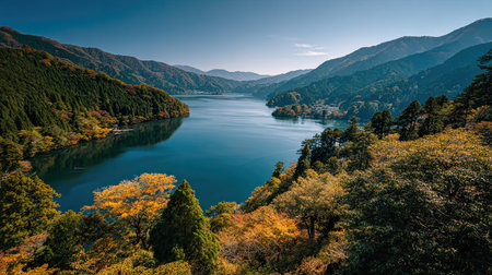 A photograph of hakone lake ashi view, woodland shrubs, japanese autumn, ultra realistic landscape...