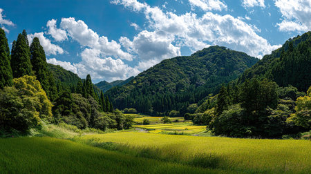 A photograph of Japan with japanese countryside rice valley, cedar trees, japanese summer, ultra...