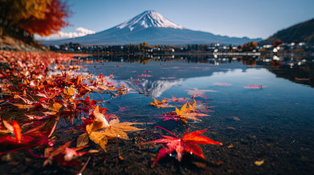 A photograph of Japan 64 with mount fuji reflection lake, fallen maple leaves, japanese winter,...