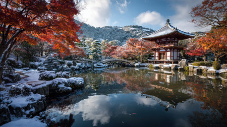 A photograph of a Kyoto temple garden with hills, snow covered ground, Japanese autumn, ultra...