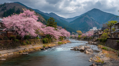 A photograph of takayama mountain village, cherry blossom trees, japanese spring, ultra realistic...