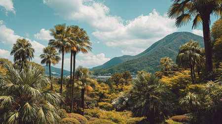 A photograph of hakone volcanic valley, palms, japanese summer, ultra realistic landscape...