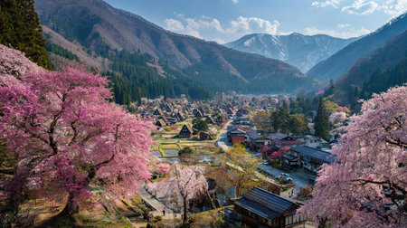 A photograph of Japan with takayama mountain village, cherry blossom trees, japanese spring, ultra...