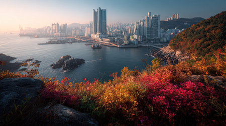 A photograph of South Korea with busan harbor skyline, wild alpine plants, korean autumn, ultra...
