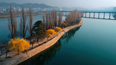 A photograph of South Korea 31 with han river riverside park, cypress trees, korean spring, ultra...