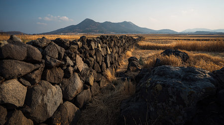 A photograph of South Korea 28 with jeju stone wall fields, volcanic stones, korean winter, ultra...