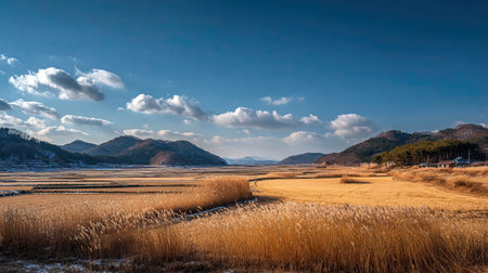 A photograph of South Korea 15 with korean countryside rice fields, coastal grasses, korean winter,...