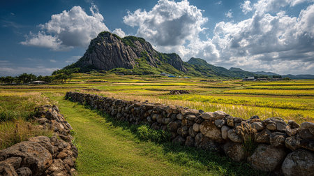 A photograph of South Korea 42 with jeju stone wall fields, granite rock formations, korean summer,...