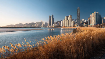 A photograph of South Korea 21 with busan harbor skyline, riverbank grasses, korean winter, ultra...