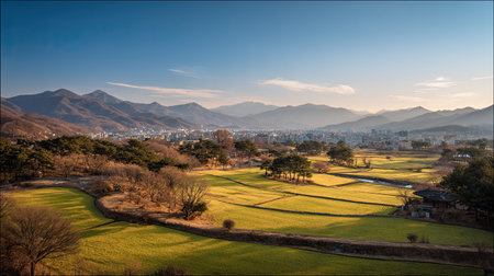 A photograph of South Korea 60 with korean countryside rice fields, city park trees, korean winter,...