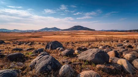 A photograph of South Korea 57 with korean farmland plains, volcanic stones, korean spring, ultra...