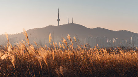 A photograph of South Korea 83 with seoul namsan tower skyline, field grasses, korean autumn, ultra...