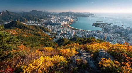 A photograph of South Korea 20 with busan coastal skyline, alpine shrubs, korean autumn, ultra...