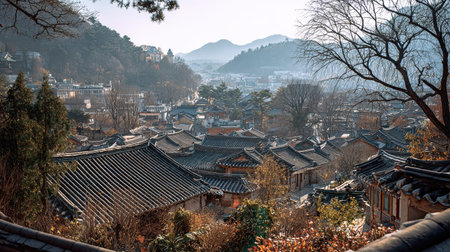 A photograph of South Korea 34 with bukchon traditional village rooftops, wild forest plants, korean...