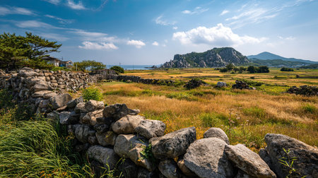 A photograph of South Korea with Jeju stone wall fields, granite rock formations, Korean summer,...