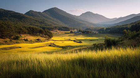A photograph of South Korea 94 with korean countryside rice fields, field grasses, korean summer,...