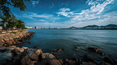 A photograph of South Korea with han river riverside park, view of ocean waves, korean summer, ultra...