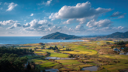 A photograph of South Korea 47 with gangneung sandy coast, rice paddies, korean autumn, ultra realistic landscape photography, wide angle lens, natural colors, clean composition, no peopleの写真素材