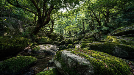 A photograph of South Korea 87 with jeju island forest valley, moss covered rocks, korean spring,...