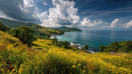 A photograph of Thailand with phuket coastal ridge, wild tropical flowers, thai rainy season, ultra...