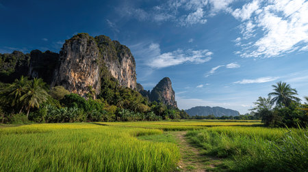 A photograph of Thailand with krabi railay beach cliffs, rice field vegetation, thai winter season,...