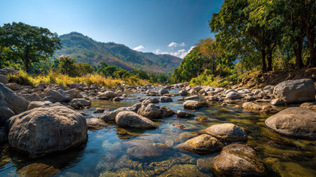 A photograph of Thailand 17 with chiang mai countryside valley, rocky shoreline stones, thai hot...