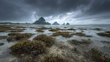 A photograph of Thailand 67 with phang nga bay horizon, seaweed clusters, thai rainy season, ultra...