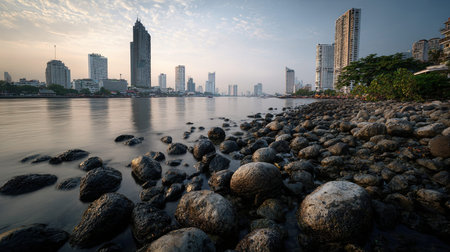 A photograph of Thailand 2 with bangkok chao phraya skyline, rocky shoreline stones, thai hot...