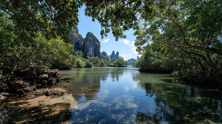 A photograph of Thailand 31 with krabi tropical coastline, mangrove trees, thai cool season, ultra...