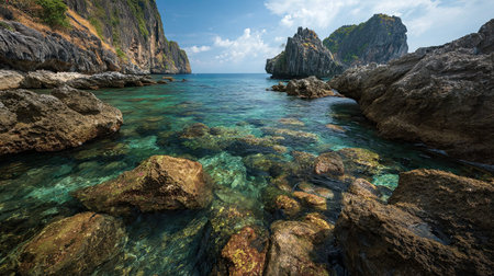 A photograph of Thailand 45 with phuket limestone cliffs, coral reefs, thai cool season, ultra...