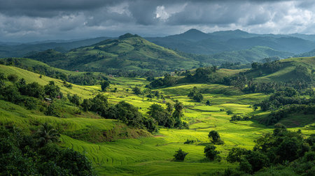 A photograph of Thailand 57 with phuket coastal ridge, rice field vegetation, thai rainy season,...