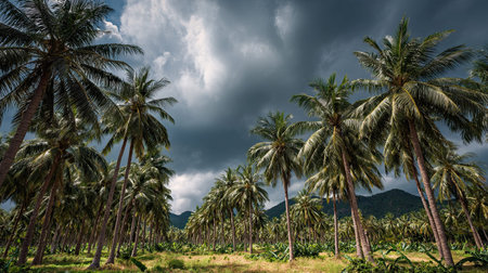 A photograph of Thailand with samui coconut groves, banana trees, thai rainy season, ultra realistic...