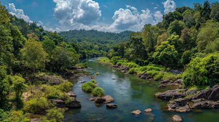 A photograph of Thailand with phuket tropical forest valley, chao phraya river water, thai hot...