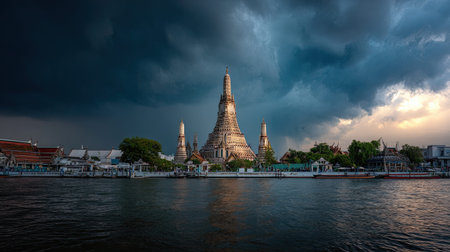 A photograph of Thailand with wat arun riverside temple, thai rainy season, ultra realistic...
