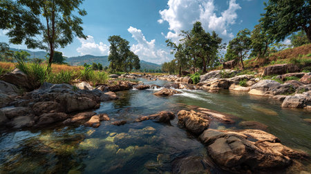 A photograph of Thailand chiang mai countryside valley, rocky shoreline stones, thai hot season, ultra realistic landscape photography, wide angle lens, natural colors, clean composition, no peopleの写真素材
