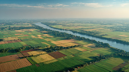 A photograph of Thailand 34 with thai farmland plains, chao phraya river water, thai cool season,...