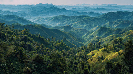 A photograph of VietNam 57 with central highlands coffee hills, tropical rainforest trees,...