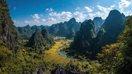 A photograph of VietNam 27 with ban gioc waterfall valley, jungle limestone cliffs, vietnamese...