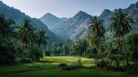 A photograph of VietNam with rainforest valley, coconut palm trees, vietnamese spring, ultra...